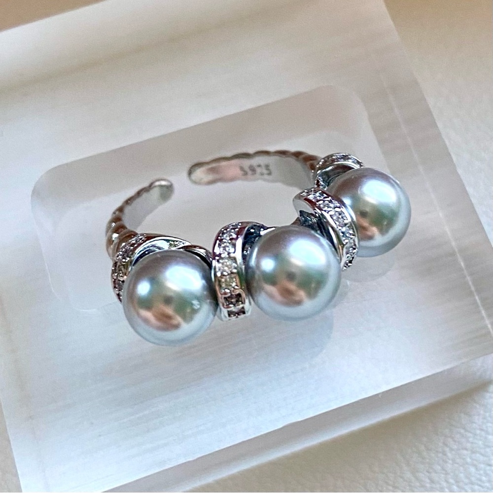 Silver Pearl and Crystal Accent Open Ring - Light Gray Pearls